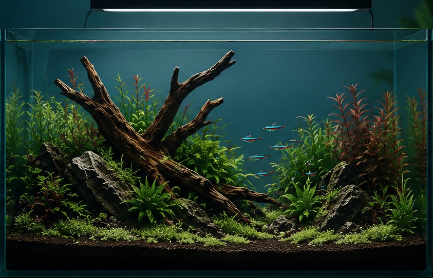 Planted aquarium with driftwood, rocks and carpeting plants